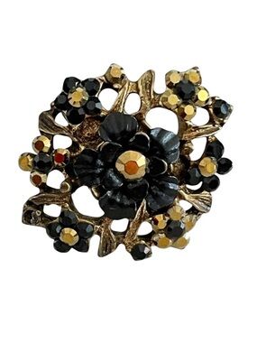 Michal Negrin Flower Swarovski Crystals Victorian Brass Fashion Adjustable Ring